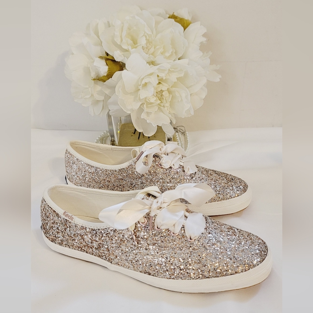 Kate Spade x Keds Glitter Sparkly Sneakers with Satin Ribbon Shoelace NEW NWOB
